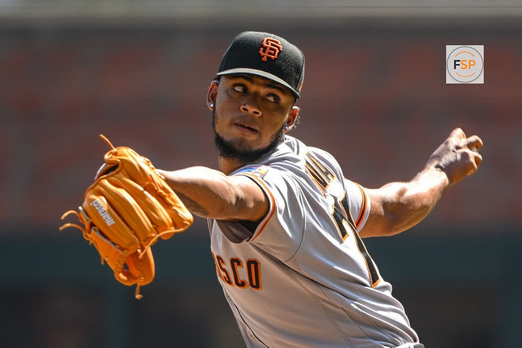 ATLANTA, GA - AUGUST 20: San Francisco Giants relief pitcher Camilo Doval (75) during ninth inning of the MLB game between the San Francisco Giants and Atlanta Braves on August 20, 2023, at Truist Park in Atlanta, GA. (Photo by John Adams/Icon Sportswire)