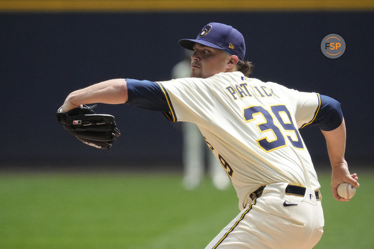 Jun 11, 2025; Milwaukee, Wisconsin, USA; Milwaukee Brewers pitcher Chad Patrick (39) delivers a pitch against the Atlanta Braves in the first inning at American Family Field. Credit: Michael McLoone-Imagn Images