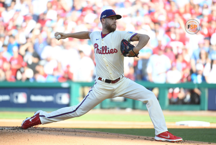 Oct 5, 2024; Philadelphia, PA, USA; Philadelphia Phillies pitcher Zack Wheeler (45) throws a pitch against the New York Mets in the first inning in game one of the NLDS for the 2024 MLB Playoffs at Citizens Bank Park. Credit: Eric Hartline-Imagn Images