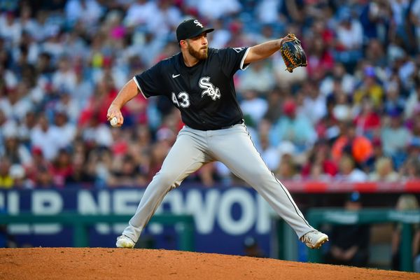 Aug 2, 2025; Anaheim, California, USA; Chicago White Sox pitcher Aaron Civale (43) throws against the Los Angeles Angels during the second inning at Angel Stadium. Mandatory Credit: Gary A. Vasquez-Imagn Images