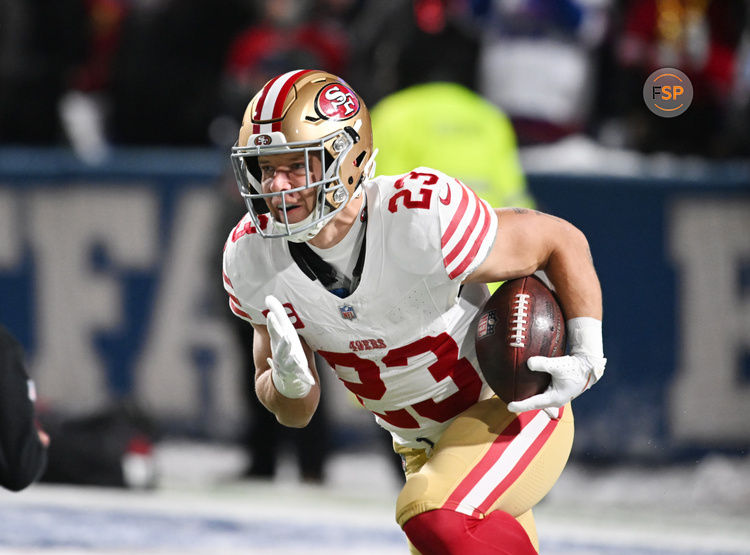 Dec 1, 2024; Orchard Park, New York, USA; San Francisco 49ers running back Christian McCaffrey (23) warms up before a game against the Buffalo Bills at Highmark Stadium. Credit: Mark Konezny-Imagn Images