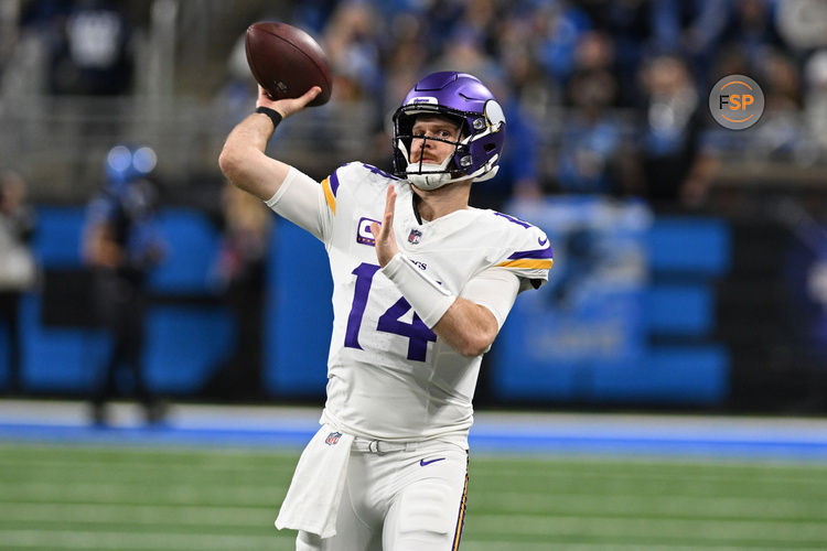 Jan 5, 2025; Detroit, Michigan, USA;  Minnesota Vikings quarterback Sam Darnold (14) throws passes during pregame warmups before their game against the Detroit Lions at Ford Field. Credit: Lon Horwedel-Imagn Images