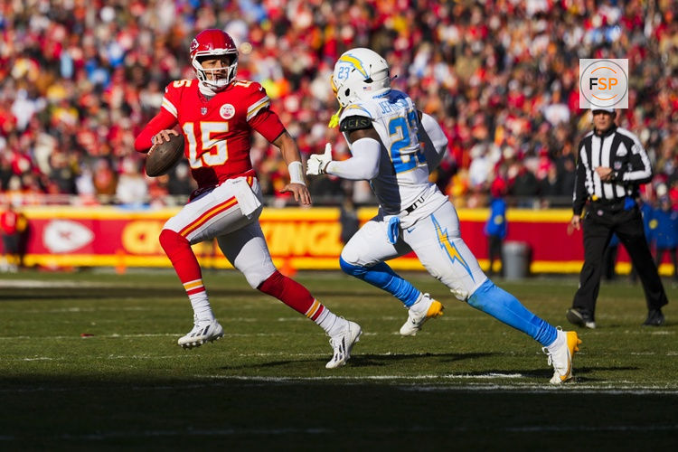 Dec 14, 2025; Kansas City, Missouri, USA; Kansas City Chiefs quarterback Patrick Mahomes (15) looks to pass against the Los Angeles Chargers during the second quarter at GEHA Field at Arrowhead Stadium. Credit: Jay Biggerstaff-Imagn Images