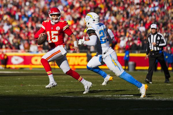 Dec 14, 2025; Kansas City, Missouri, USA; Kansas City Chiefs quarterback Patrick Mahomes (15) looks to pass against the Los Angeles Chargers during the second quarter at GEHA Field at Arrowhead Stadium. Mandatory Credit: Jay Biggerstaff-Imagn Images