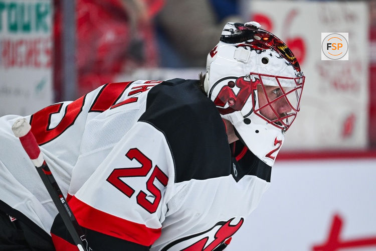 Apr 5, 2026; Montreal, Quebec, CAN; New Jersey Devils goalie Jacob Markstrom (25) looks on during warm-up before the game against the Montreal Canadiens at Bell Centre. Credit: David Kirouac-Imagn Images
