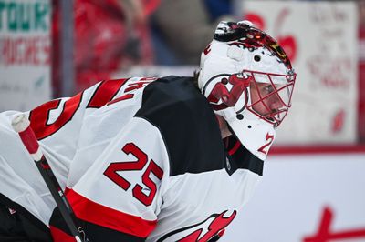 Apr 5, 2026; Montreal, Quebec, CAN; New Jersey Devils goalie Jacob Markstrom (25) looks on during warm-up before the game against the Montreal Canadiens at Bell Centre. Mandatory Credit: David Kirouac-Imagn Images
