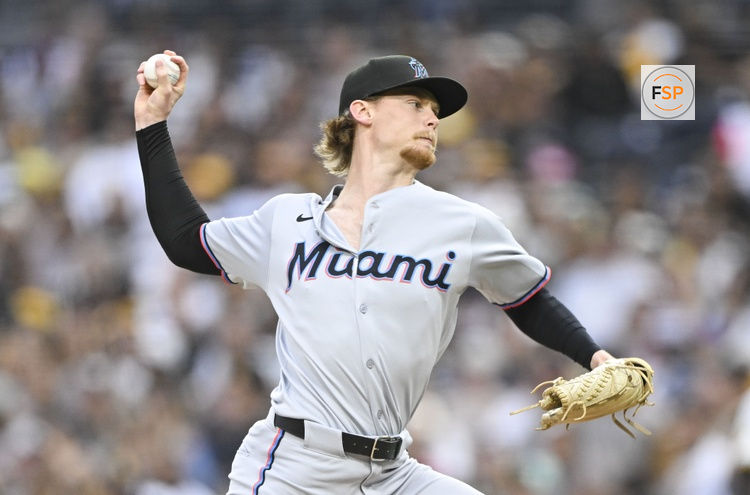 May 27, 2025; San Diego, California, USA; Miami Marlins pitcher Max Meyer (23) delivers during the first inning against the San Diego Padres at Petco Park. Credit: Denis Poroy-Imagn Images