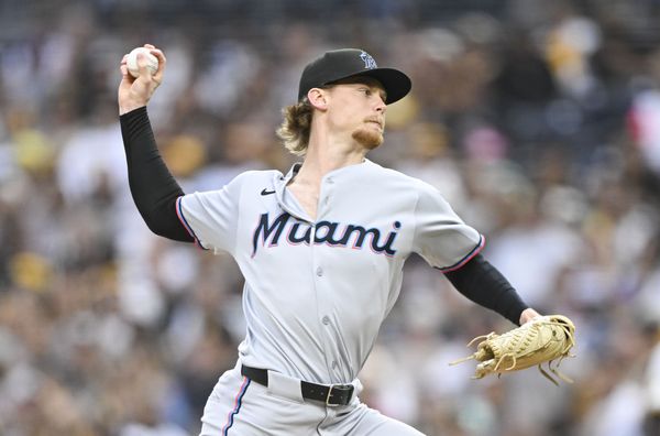 May 27, 2025; San Diego, California, USA; Miami Marlins pitcher Max Meyer (23) delivers during the first inning against the San Diego Padres at Petco Park. Mandatory Credit: Denis Poroy-Imagn Images