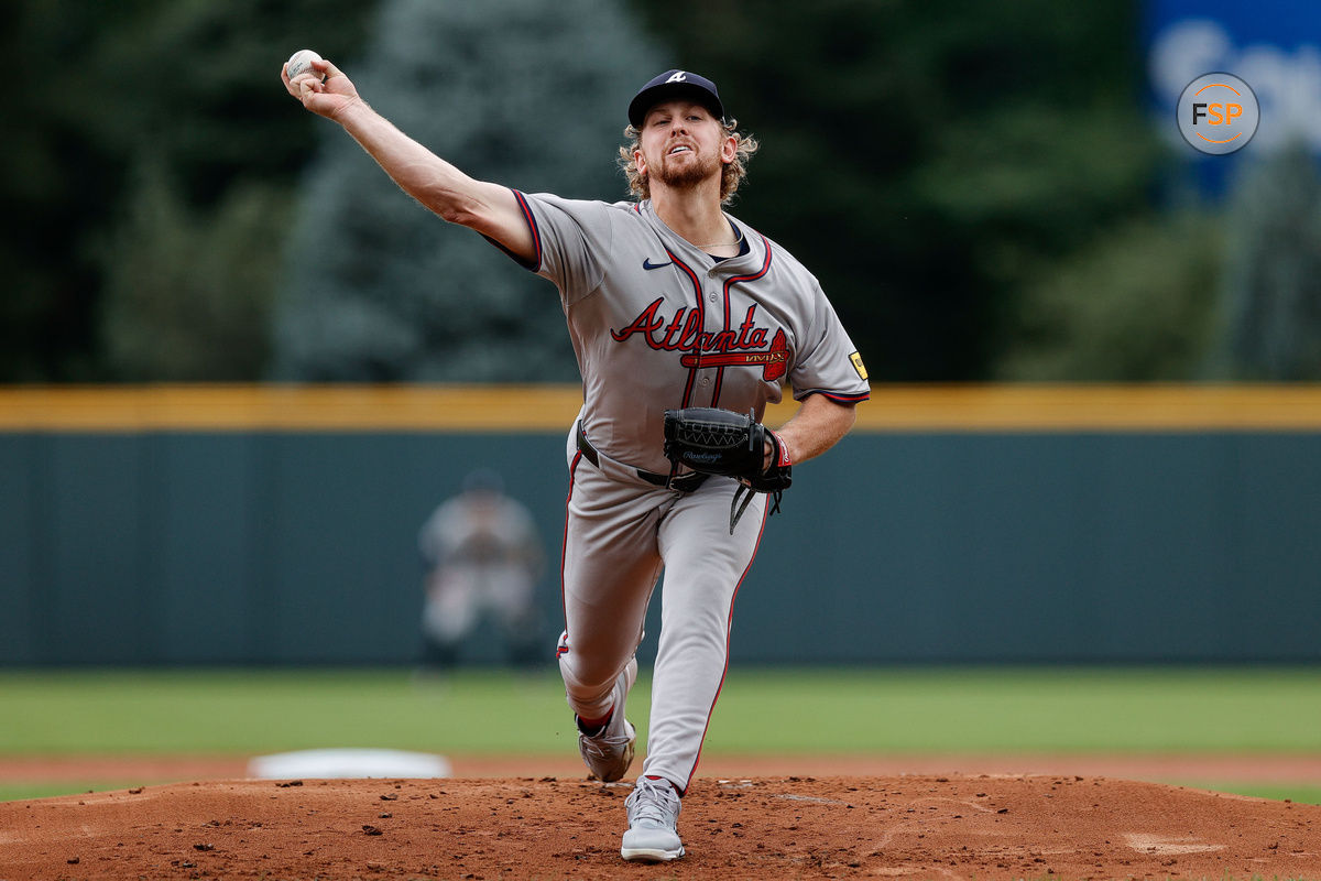 Aug 11, 2024; Denver, Colorado, USA; Atlanta Braves pitcher Spencer Schwellenbach (56) pitches in the first inning against the Colorado Rockies at Coors Field. Credit: Isaiah J. Downing-USA TODAY Sports