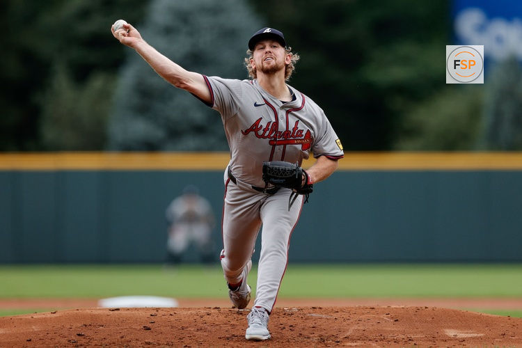 Aug 11, 2024; Denver, Colorado, USA; Atlanta Braves pitcher Spencer Schwellenbach (56) pitches in the first inning against the Colorado Rockies at Coors Field. Credit: Isaiah J. Downing-USA TODAY Sports
