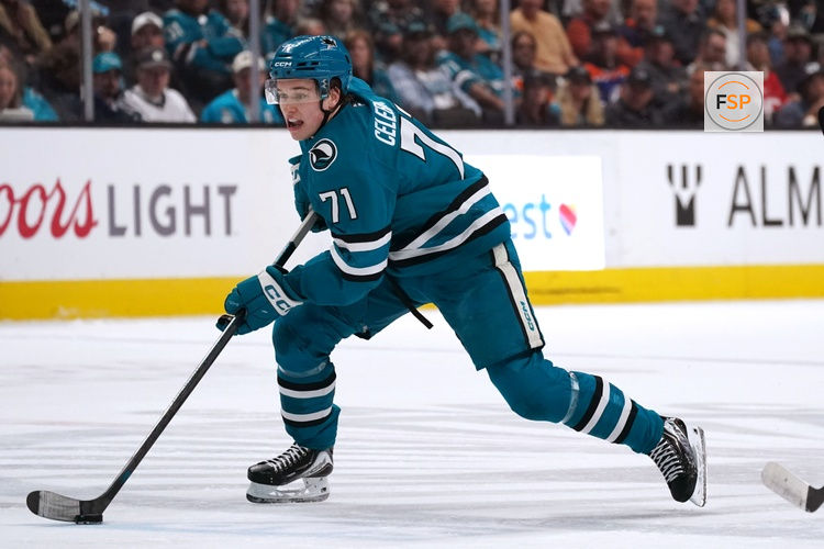 Apr 8, 2026; San Jose, California, USA;  San Jose Sharks center Macklin Celebrini (71) controls the puck against the Edmonton Oilers in the second period at SAP Center at San Jose. Credit: David Gonzales-Imagn Images