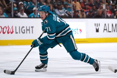 Apr 8, 2026; San Jose, California, USA;  San Jose Sharks center Macklin Celebrini (71) controls the puck against the Edmonton Oilers in the second period at SAP Center at San Jose. Mandatory Credit: David Gonzales-Imagn Images