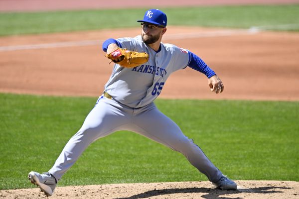 Apr 7, 2026; Cleveland, Ohio, USA; Kansas City Royals starting pitcher Noah Cameron (65) throws a pitch in the third inning against the Cleveland Guardians at Progressive Field. Mandatory Credit: David Richard-Imagn Images