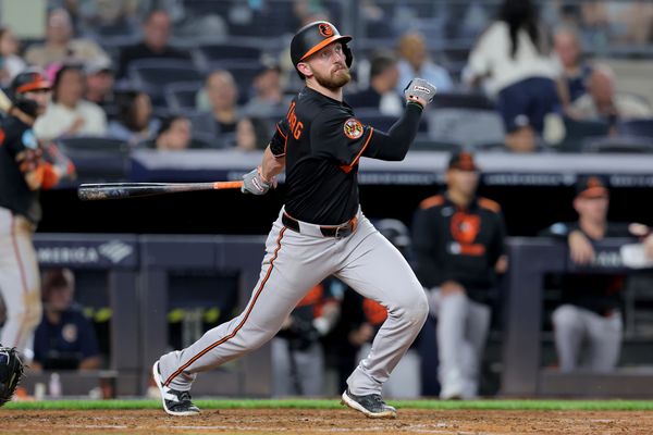 Sep 26, 2025; Bronx, New York, USA; Baltimore Orioles third baseman Jordan Westburg (11) follows through on a single against the New York Yankees during the fifth inning at Yankee Stadium. Mandatory Credit: Brad Penner-Imagn Images