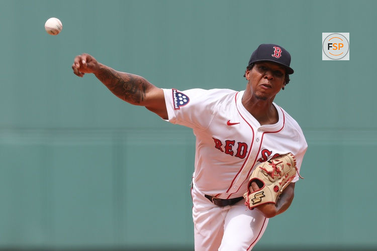 Jul 2, 2025; Boston, MA, USA; Boston Red Sox starting pitcher Brayan Bello (66) delivers a pitch during the fifth inning against the Cincinnati Reds at Fenway Park. Credit: Paul Rutherford-Imagn Images
