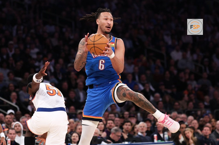 Mar 4, 2026; New York, New York, USA; Oklahoma City Thunder forward Jaylin Williams (6) passes the ball as New York Knicks forward Mohamed Diawara (51) defends during the first half at Madison Square Garden. Credit: Vincent Carchietta-Imagn Images