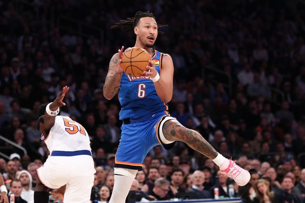 Mar 4, 2026; New York, New York, USA; Oklahoma City Thunder forward Jaylin Williams (6) passes the ball as New York Knicks forward Mohamed Diawara (51) defends during the first half at Madison Square Garden. Mandatory Credit: Vincent Carchietta-Imagn Images