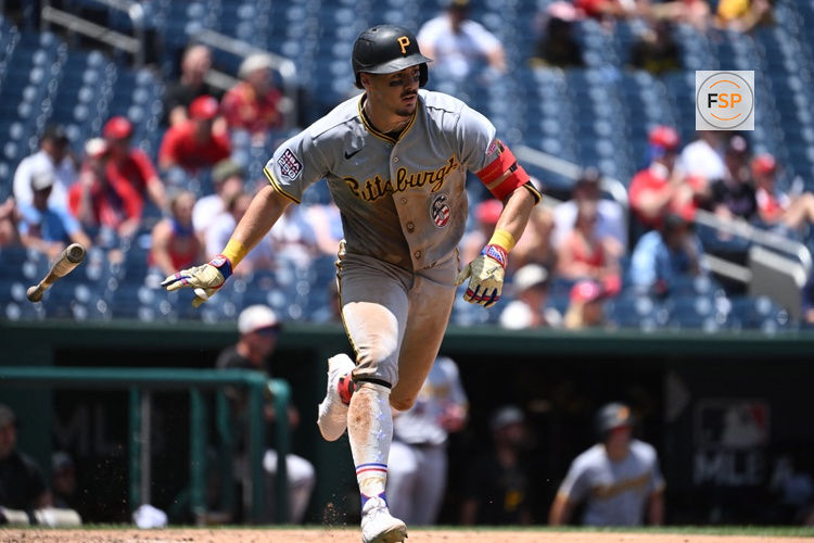 Jul 4, 2026; Washington, District of Columbia, USA; Pittsburgh Pirates shortstop Konnor Griffin (6) tosses his bat after hitting the ball into play against the Washington Nationals during the seventh inning at Nationals Park. Credit: Rafael Suanes-Imagn Images