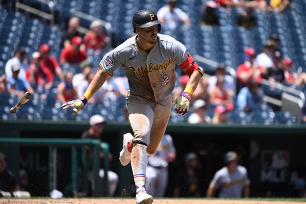 Jul 4, 2026; Washington, District of Columbia, USA; Pittsburgh Pirates shortstop Konnor Griffin (6) tosses his bat after hitting the ball into play against the Washington Nationals during the seventh inning at Nationals Park. Mandatory Credit: Rafael Suanes-Imagn Images
