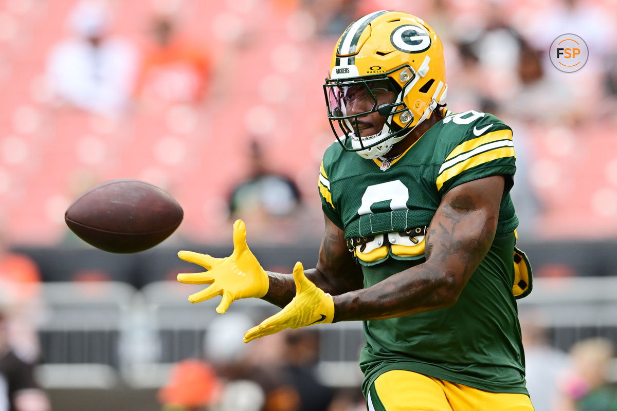 Aug 10, 2024; Cleveland, Ohio, USA; Green Bay Packers running back Josh Jacobs (8) warms up before the game between the Packers and the Cleveland Browns at Cleveland Browns Stadium. Credit: Ken Blaze-USA TODAY Sports