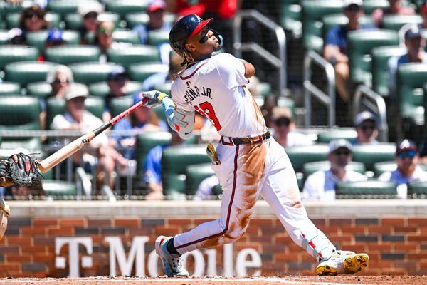ATLANTA, GA – MAY 20:  Atlanta outfielder Ronald Acuna Jr. (13) hits the ball deep during the first game of a MLB doubleheader between the San Diego Padres and the Atlanta Braves on May 20th, 2024 at Truist Park in Atlanta, GA. (Photo by Rich von Biberstein/Icon Sportswire)