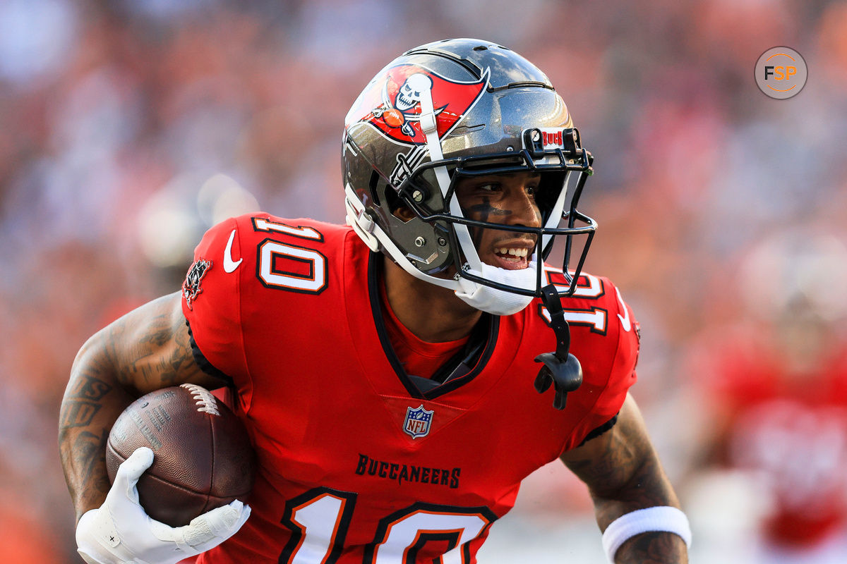 Aug 10, 2024; Cincinnati, Ohio, USA; Tampa Bay Buccaneers wide receiver Trey Palmer (10) runs with the ball against the Cincinnati Bengals in the first half at Paycor Stadium. Credit: Katie Stratman-USA TODAY Sports