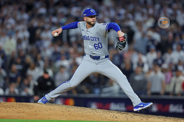 Oct 5, 2024; Bronx, New York, USA; Kansas City Royals pitcher Lucas Erceg (60) pitches during the seventh inning against the New York Yankees during game one of the ALDS for the 2024 MLB Playoffs at Yankee Stadium. Credit: Brad Penner-Imagn Images