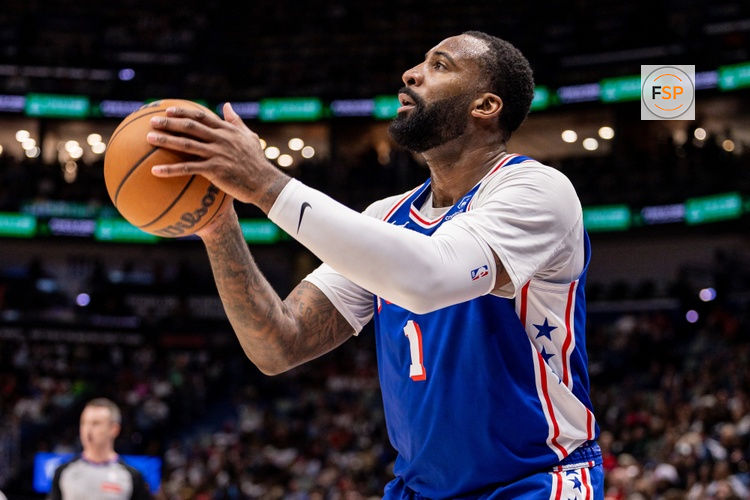 Feb 21, 2026; New Orleans, Louisiana, USA;  Philadelphia 76ers center Andre Drummond (1) shoots a three point basket against the New Orleans Pelicans during the first half at Smoothie King Center. Credit: Stephen Lew-Imagn Images