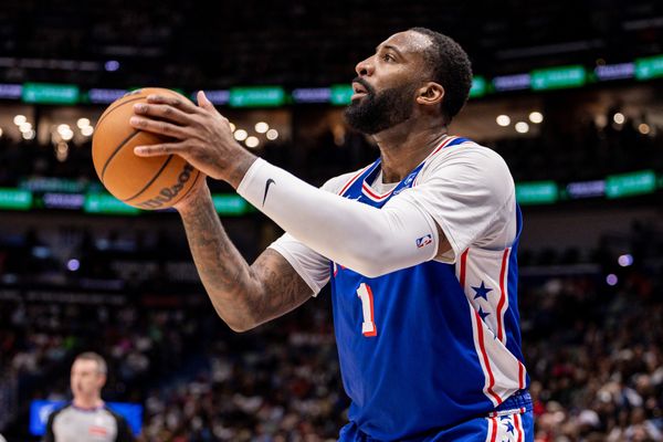 Feb 21, 2026; New Orleans, Louisiana, USA;  Philadelphia 76ers center Andre Drummond (1) shoots a three point basket against the New Orleans Pelicans during the first half at Smoothie King Center. Mandatory Credit: Stephen Lew-Imagn Images