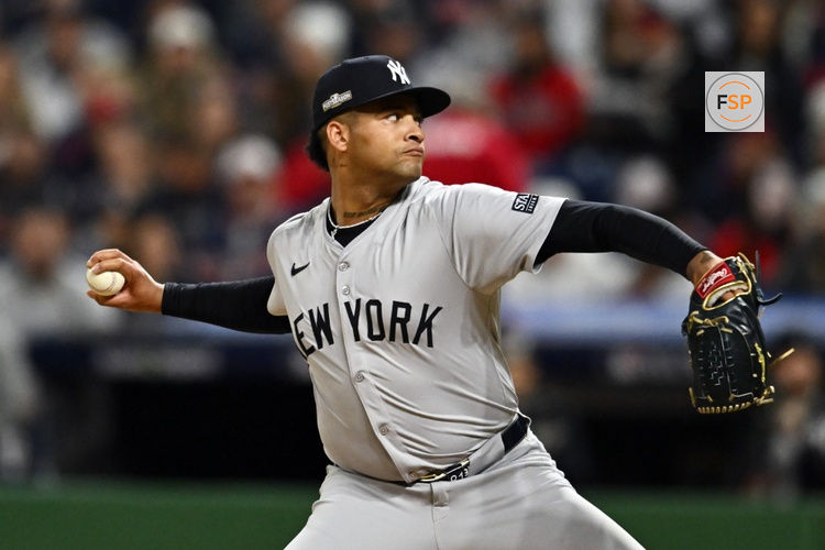 Oct 18, 2024; Cleveland, Ohio, USA; New York Yankees pitcher Luis Gil (81) pitches in the first inning against the Cleveland Guardians during game four of the ALCS for the 2024 MLB playoffs at Progressive Field. Credit: Ken Blaze-Imagn Images