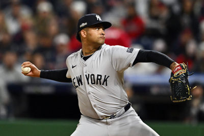 Oct 18, 2024; Cleveland, Ohio, USA; New York Yankees pitcher Luis Gil (81) pitches in the first inning against the Cleveland Guardians during game four of the ALCS for the 2024 MLB playoffs at Progressive Field. Mandatory Credit: Ken Blaze-Imagn Images