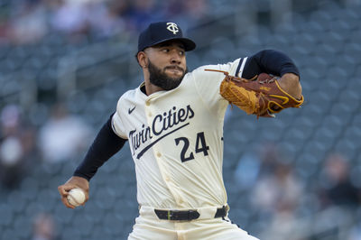 May 7, 2025; Minneapolis, Minnesota, USA; Minnesota Twins starting pitcher Simeon Woods Richardson (24) delivers a pitch against the Baltimore Orioles in the first inning at Target Field. Mandatory Credit: Jesse Johnson-Imagn Images