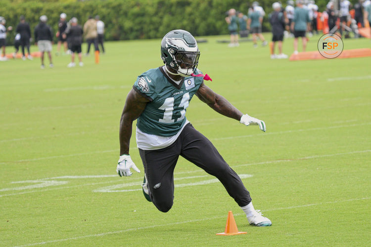 Philadelphia , PA - JUNE 06: Philadelphia Eagles wide receiver A.J. Brown (11) participates in Eagles mini camp on June 6, 2024 at the NovaCare Complex in Philadelphia. PA, (Photo by Andy Lewis/Icon Sportswire)