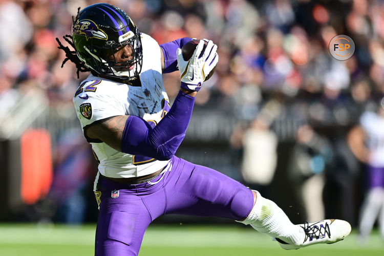 Oct 27, 2024; Cleveland, Ohio, USA; Baltimore Ravens running back Derrick Henry (22) catches a pass during the second half against the Cleveland Browns at Huntington Bank Field. Credit: Ken Blaze-Imagn Images