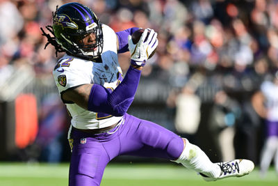 Oct 27, 2024; Cleveland, Ohio, USA; Baltimore Ravens running back Derrick Henry (22) catches a pass during the second half against the Cleveland Browns at Huntington Bank Field. Mandatory Credit: Ken Blaze-Imagn Images