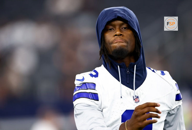 Aug 22, 2025; Arlington, Texas, USA; Dallas Cowboys wide receiver George Pickens (3) before the game against the Atlanta Falcons at AT&T Stadium. Credit: Kevin Jairaj-Imagn Images