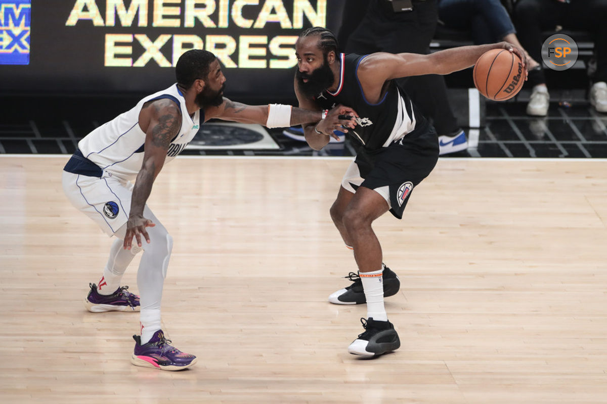 LOS ANGELES, CA - APRIL 23: LA Clippers guard James Harden (1) dribbles on Dallas Mavericks guard Kyrie Irving (11) during game 2 of the first round of the Western Conference playoffs between the Dallas Mavericks and the LA Clippers on April 23, 2024, at Crypto.com Arena in Los Angeles, CA. (Photo by Jevone Moore/Icon Sportswire)