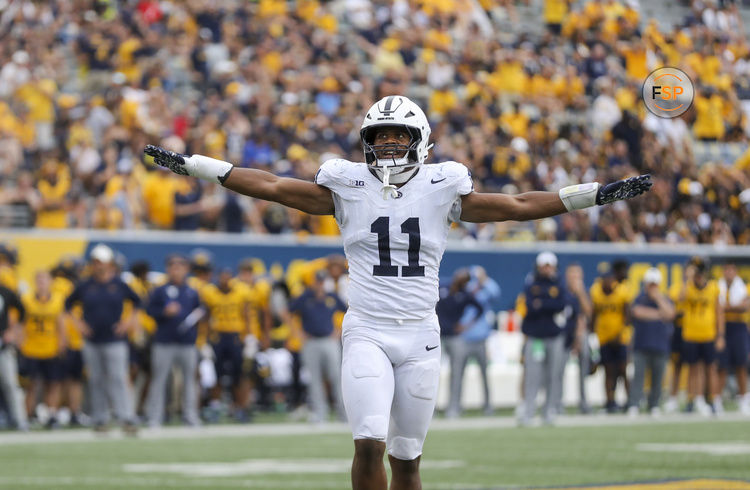 Aug 31, 2024; Morgantown, West Virginia, USA; Penn State Nittany Lions defensive end Abdul Carter (11) celebrates after a defensive stop during the fourth quarter against the West Virginia Mountaineers at Mountaineer Field at Milan Puskar Stadium. Credit: Ben Queen-USA TODAY Sports