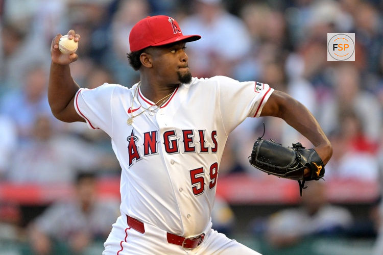 Apr 6, 2026; Anaheim, California, USA;  Los Angeles Angels pitcher Jose Soriano (59) delivers to the plate in the first inning against the Atlanta Braves at Angel Stadium. Credit: Jayne Kamin-Oncea-Imagn Images