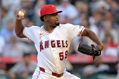 Apr 6, 2026; Anaheim, California, USA;  Los Angeles Angels pitcher Jose Soriano (59) delivers to the plate in the first inning against the Atlanta Braves at Angel Stadium. Mandatory Credit: Jayne Kamin-Oncea-Imagn Images