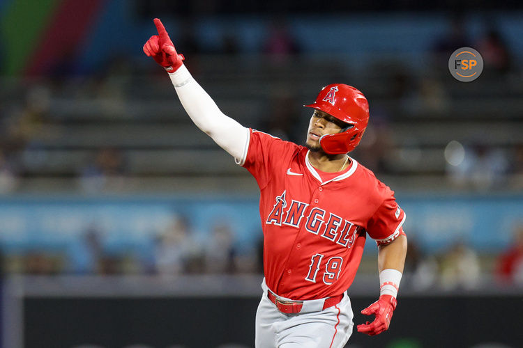 Apr 9, 2025; Anaheim, California, USA; Los Angeles Angels center fielder Kyren Paris (19) runs the bases after hitting a home run against the Tampa Bay Rays in the eighth inning at George M. Steinbrenner Field. Credit: Nathan Ray Seebeck-Imagn Images