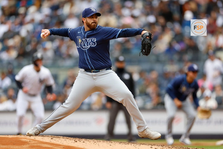 BRONX, NY - APRIL 21: Tampa Bay Rays pitcher Aaron Civale (34) throws a pitch in the second inning during a regular season game between the Tampa Bay Rays and New York Yankees on April 21, 2024 at Yankee Stadium in the Bronx, New York. (Photo by Brandon Sloter/Icon Sportswire)