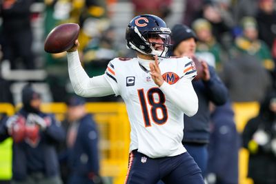 Dec 7, 2025; Green Bay, Wisconsin, USA; Chicago Bears quarterback Caleb Williams (18) warms up before the game against the Green Bay Packers at Lambeau Field. Mandatory Credit: Jeff Hanisch-Imagn Images