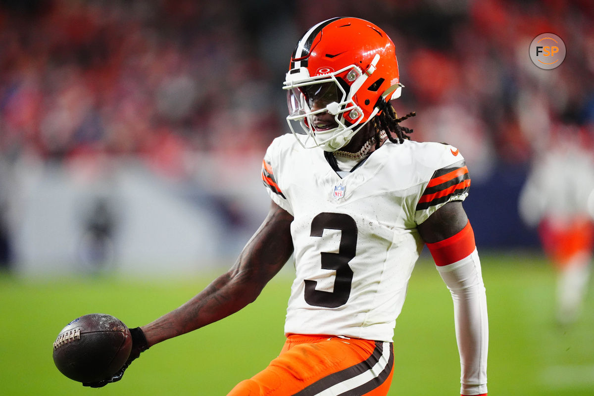 Dec 2, 2024; Denver, Colorado, USA; Cleveland Browns wide receiver Jerry Jeudy (3) scores a touchdown in the third quarter against the Denver Broncos at Empower Field at Mile High. Credit: Ron Chenoy-Imagn Images