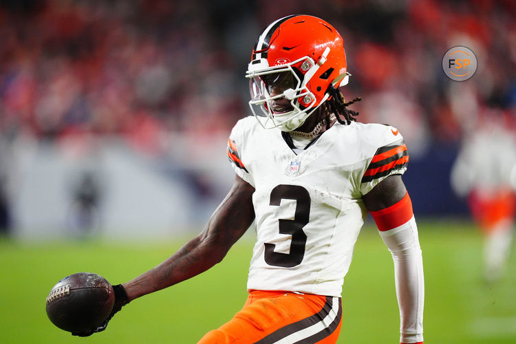 Dec 2, 2024; Denver, Colorado, USA; Cleveland Browns wide receiver Jerry Jeudy (3) scores a touchdown in the third quarter against the Denver Broncos at Empower Field at Mile High. Credit: Ron Chenoy-Imagn Images