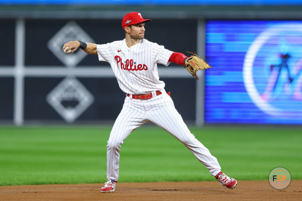 PHILADELPHIA, PA - OCTOBER 03:  Trea Turner #7 of the Philadelphia Phillies during the NL Wild Card game against the Miami Marlins on October 3, 2023 at Citizens Bank Park in Philadelphia, Pennsylvania.  (Photo by Rich Graessle/Icon Sportswire)