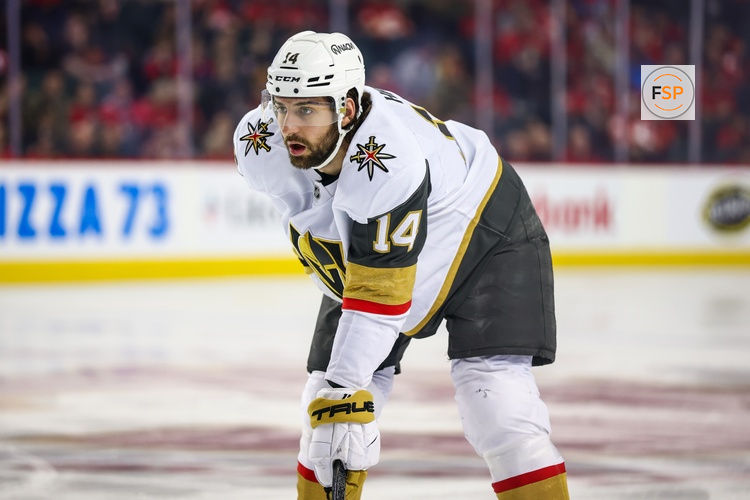 Apr 15, 2025; Calgary, Alberta, CAN; Vegas Golden Knights defenseman Nicolas Hague (14) against the Calgary Flames during the first period at Scotiabank Saddledome. Credit: Sergei Belski-Imagn Images