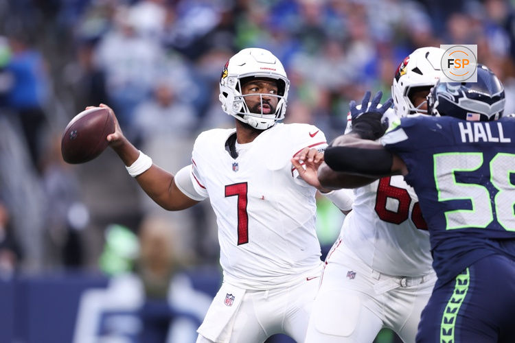 Nov 9, 2025; Seattle, Washington, USA;  Arizona Cardinals quarterback Jacoby Brissett (7) throws a pass during the fourth quarter against the Seattle Seahawks at Lumen Field. Credit: Kevin Ng-Imagn Images