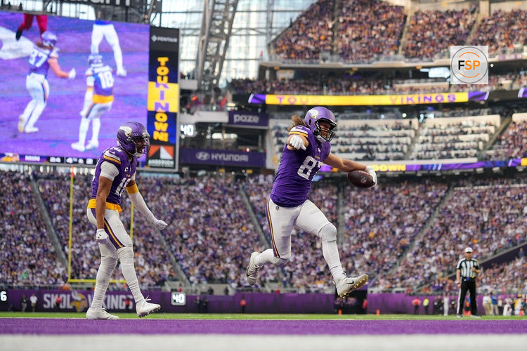 Dec 7, 2025; Minneapolis, Minnesota, USA; Minnesota Vikings tight end T.J. Hockenson (87) reacts after scoring a touchdown against the Washington Commanders during the second half at U.S. Bank Stadium. Credit: Brad Rempel-Imagn Images