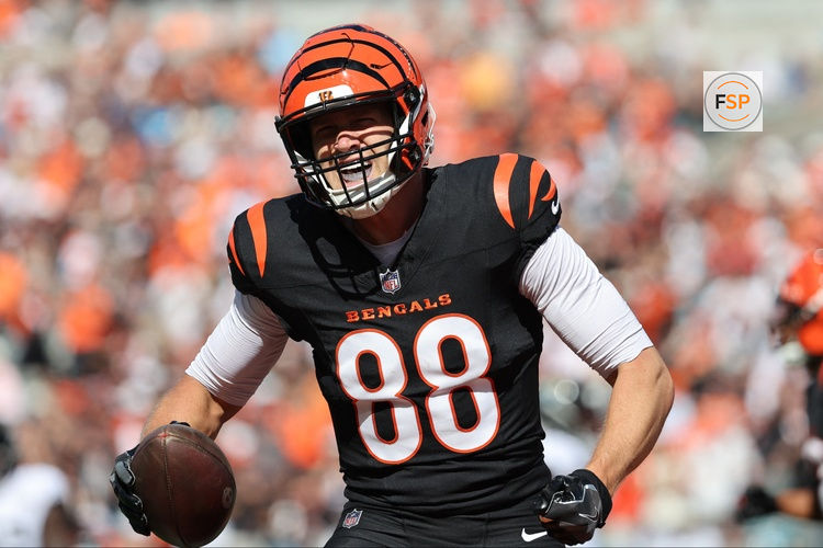 Oct 4, 2026; Cincinnati, Ohio, USA;  Cincinnati Bengals tight end Mike Gesicki (88) reacts after scoring a touchdown during the third quarter against the Jacksonville Jaguars at Paycor Stadium.  Credit: Joseph Maiorana-Imagn Images